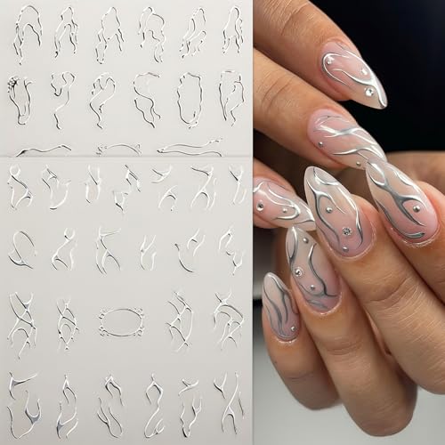 6 Sheets Lines Nail Art Stickers Decals Silver Stripe Line Nail Decals 3D Self-Adhesive Abstract Marble Wave Nail Design Holographic Irregular Line Nails Supplies Nail Accessories for Women Nail Decor