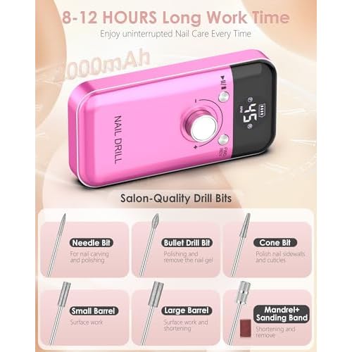 Portable Nail Drill Professional: 45000 RPM Rechargeable Electric Nail Drills Machine with 6 Bits, Drill para U?as Profesional E File for Acrylic, Gel Nails, Manicure & Pedicure - Salon & Home Use