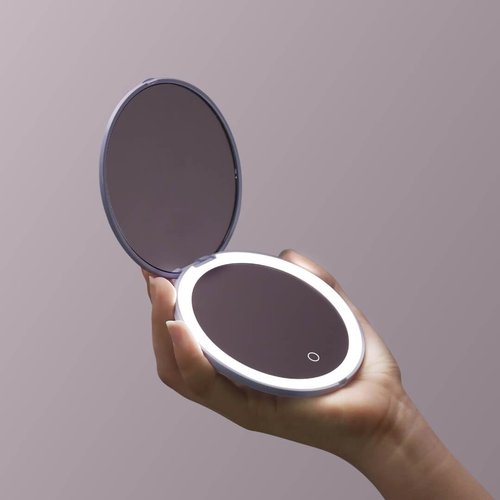 Fancii Mini Taylor Compact Magnifying Mirror with LED Light, 10x/1x, Rechargeable, 3 Light Settings, Dimmable - Small Lighted Travel Handheld Mirror for Pocket, Handbag, Purse, 2-Sided (Beige)