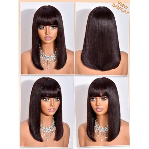 Bob Wig Human Hair with Bangs 210% Density Dark Brown Bob Wig for Black Women 100% Human Hair Pre-Bleached Glueless Straight Wigs 14inch£¨Dark Brown£©