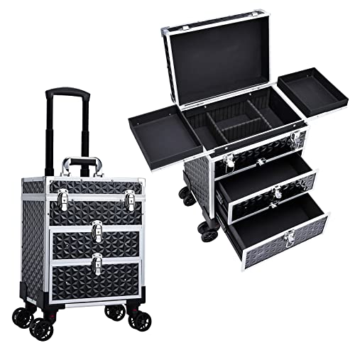 FRENESSA Professional Rolling Makeup Case Aluminum Trolley Train Case with 360¡Æ Swivel Wheels for Makuep Artist Travel Cosmetic Organizer with Sliding Drawers for Nail Tech Hairstylist Barber, Black