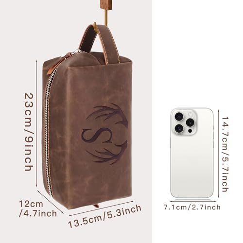Personalized Toiletry Bag for Men Engraved Initial Cool Gifts for Dad Husband Boyfriend Grandpa Son PU Leather Waterproof Shaving Bag for Toiletries Accessories Travel Essentials (A)