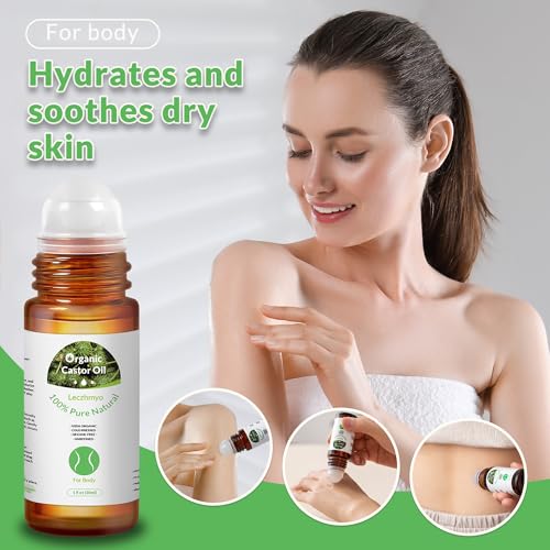 Organic Castor Oil Roll on for Belly, Face, Body, Under Eyes? Certified Organic, Cold Pressed, Hexane Free, Unrefined ? 3 Glass Bottle Pure Roller Ball Castor Oil to Moisturize Skin, Lips