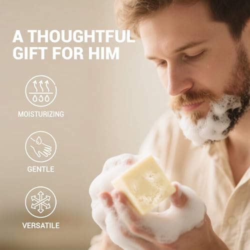 Rinse & Robust 4 Pack Men¡¯s Bar Soap Gift Set, Goat Milk Soap Bar Gift Box, Nourishing Natural Bar Soap Set for Men, No Harsh Chemicals, Includes A Lathering Net, Sandalwood Scented| 5.3 oz of 4 Bars