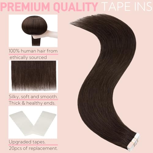Tape in Hair Extensions Real Human Hair Double Stitched Invisible Seamless 20pcs 50g (Dark Brown to Black, 22 inch)