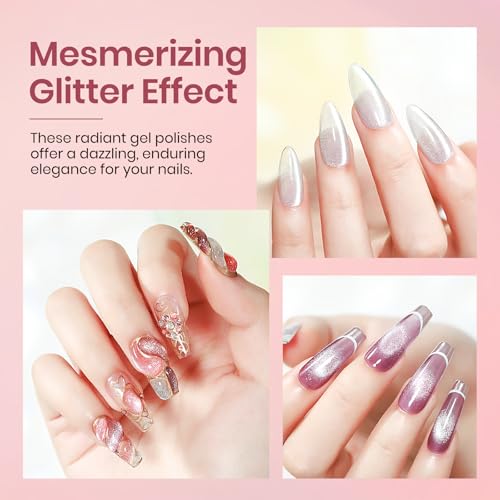 MIZHSE Glitter Cat Eye Gel Nail Polish Set - 6 Colors Holographic Pink Puprle Red Cateye Gel Polish with Magnet Soak Off U V LED Magnetic Gel Polish for DIY Salon Nail Art Home Manicure
