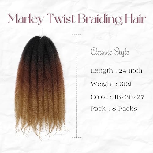 Marley Twist Braiding Hair 8 Packs Marley Twist Hair Twist Hair 24 Inch Afro Kinky Curly Twist Crochet Hair Twist Soft and Natural Hair (1B/30/27, 24 inch)