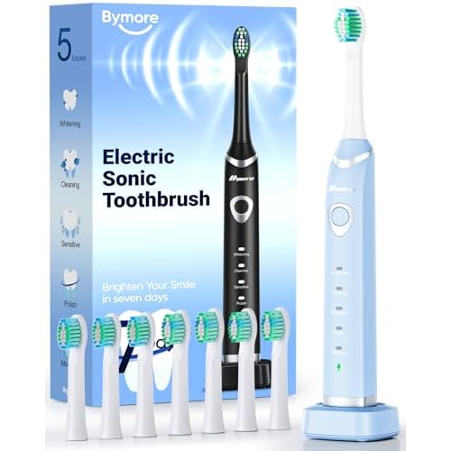 Bymore 8 Replacement Heads Electric Toothbrush for Kids, Ultra Clean Rechargeable Sonic Toothbrush Portable - Sky Blue