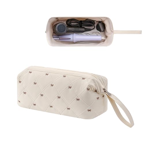 Large Quilted Hair Tools Travel Bag with Bow Pattern,Waterproof Hair Styling Accessories Storage Case for Shark FlexStyle, Dyson Airwrap Hair Dryer, Curling Iron, Revlon Hair Tools(Beige)