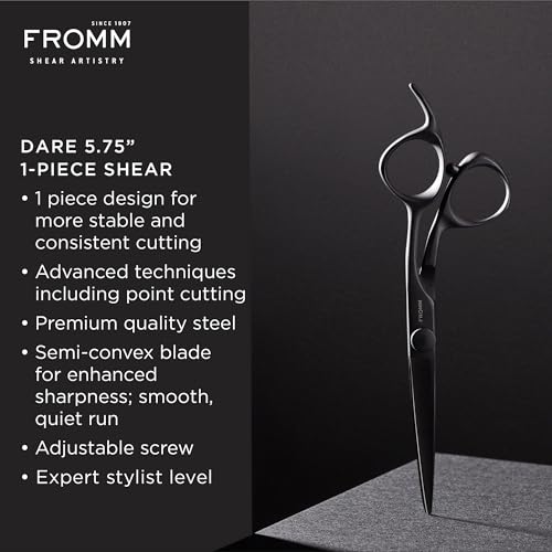 Fromm Dare 5.75" 1-Piece Precision Slide and Point Hair Cutting Shears with Semi-Convex Blade for Expert Salon Stylists, Matte Black Japanese Steel Scissors