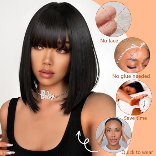 Black Bob Wigs Human Hair Short Wig with Bangs Straight Wigs Human Hair Glueless Wear and Go 150% Density Wigs for Women Daily Use 14 Inch