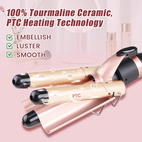 Triple Barrel Curling Wand - Fast Heating, 2-LED Temp Control, Auto Shut-Off, Beachy Waves & Mermaid Crimper Style, Mother's Day Gift