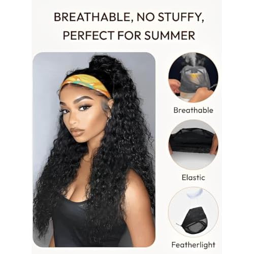 UNICE HookFit Water Wave Headband Wig Human Hair with Drawstring No-Slip Glueless Headband Half Human Hair Wig 150% Density Natural Black 20 inch
