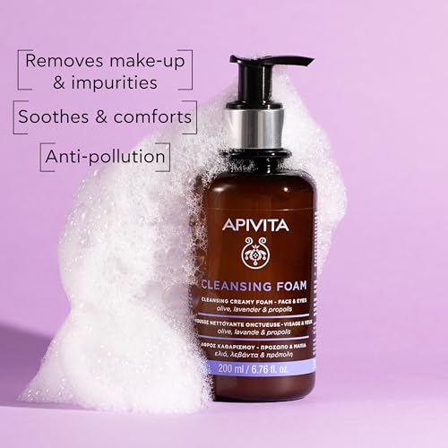 Apivita Cleansing Foam | Hydrating & Soothing Cleansing Creamy Foam for Face & Eyes with Olive, Lavender & Propolis, 200 mL / 6.67 oz