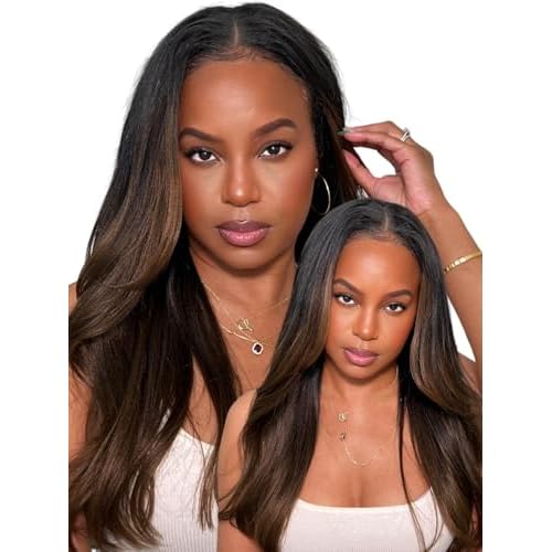 UNICE EasiContour V Part Wigs Human Hair Yaki Straight Glueless Clip in Vpart Human Hair Wig No Sew in No Glue Ombre Chestnut Brown Beginner Friendly 150% Density 20 inch