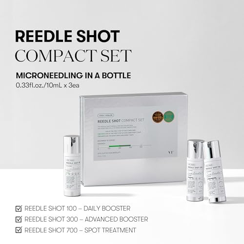 VT COSMETICS Reedle Shot Compact Set, Microneedling Serum Gift Set with Reedle Shot 100, 300, 700, Exfoliating, Anti-Aging, Travel Size Skincare for Women, Holiday Gift (0.34 oz / 10ml Each)