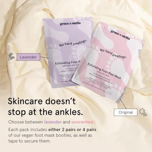 grace & stella Award-Winning Foot Peeling Mask - Foot Peel Masks with Aloe Vera- Moisturizing Foot Masks That Remove Dead Skin, Exfoliating Foot Mask for Dry Cracked Feet (4 Pairs, Unscented)