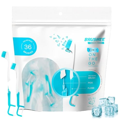 Brushee The Evolution Oral Care Whitening | Prepasted On-The-Go Whitening Toothbrushes | 4-in-1 (Paste + Brush + Floss + Pick) | Individually Wrapped | Disposable | Travel Toothbrushes (Pack of 36)