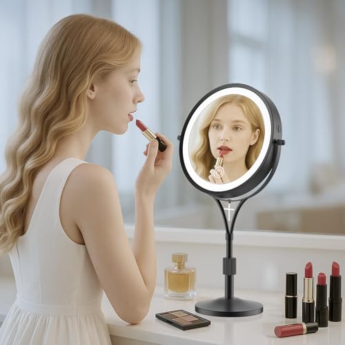 Lighted Makeup Mirror with Magnification, 1x/10x Magnifying Mirror with 3 Color and Blessed Cross, 7" Rechargeable Brightness Dimmable Height Adjustable Vanity Mirror, Christian Women Gift