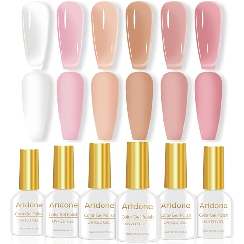 Artdone Sheer Gel Nail Polish Set Jelly UV Gel 6 Colors Translucent Milky White Pink Nude Brown Colors Nail Polish For All Seasons Neutral Soak off LED Lamp Gel Manicure Kit For Nail Art