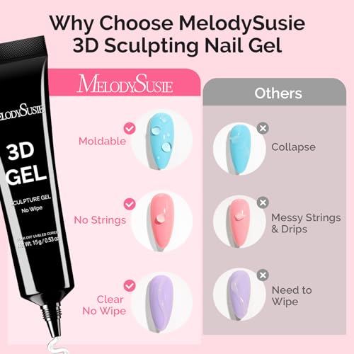 MelodySusie 3D Gel Nail Art, Clear Sculpting Gel No Wipe Nail Art Gel for Molding, Painting, Chrome Powder & Rhinestone Glue, UV/LED Cured 3D Nail Design Gel 15g