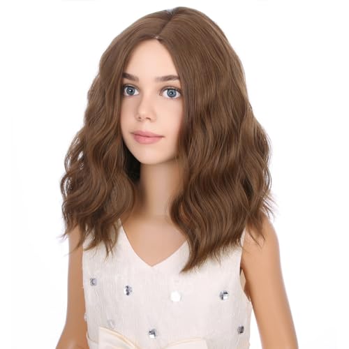 Kids Chocolate Brown Wig Child Light Brown Wig Short Bob Wavy Cury Wig Girls Brown Hair Synthetic 12" Wigs with Wig Cap