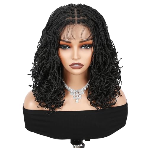 Micro Twist Braided Double Full Lace Wigs for Black Women Mini Braid Wig with Baby Hair Short Curly Box Braid Lace Synthetic Black Hair 14Inch