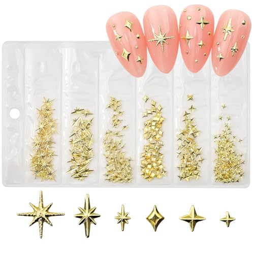 200Pcs Star Nail Charms for Nails Art 3D Gold Star Nail Charms Metallic Studs Rhinestones Stars Nail Jewelry Decorations Manicure Supplies Accessories for DIY Craft (G200)