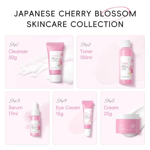Cherry Blossoms Skin Care Sets, 5 PCS Routine Facial Skin Care for Women Teens Girls, Beauty Gifts Sets, Glow Up, Moisturizing, Even Skin Tone, for All Skin Type