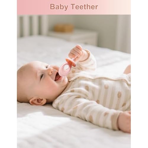 Baby Toothbrush & Teether for Infant and Toddler, Silicone Baby Oral and Tongue Cleaner, Ultra Soft Infant Training Toothbrush with Travel Case, Adjustable Safety Shield - Pink