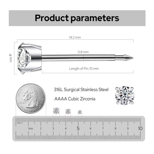 Ear Piercing Kit | Disposable Ear Piercing Gun Kit Made in 316L Surgical Stainless Steel 4mm - 4prong Cubic Zirconia | At Home Self Piercing Kit with Earrings Studs