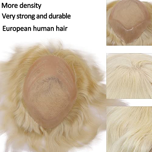 Men's Hairpiece Human Hair Replacement Systems Toupee for Men Thin Skin with Mono Lace Top and the Durable PU Back 10x8inch Medium Density Free Style #613 Platinum Blonde Color