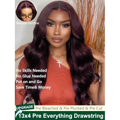 KLAIYI Black Cherry Loose Body Wave Pre Eeverything 13x4 Lace Frontal Wigs Human Hair Bye Bye Knots Glueless Ready to Wear and Go Wig with Face Framing Bangs Drawstring Pre Plucked Burgundy Wig 18Inch