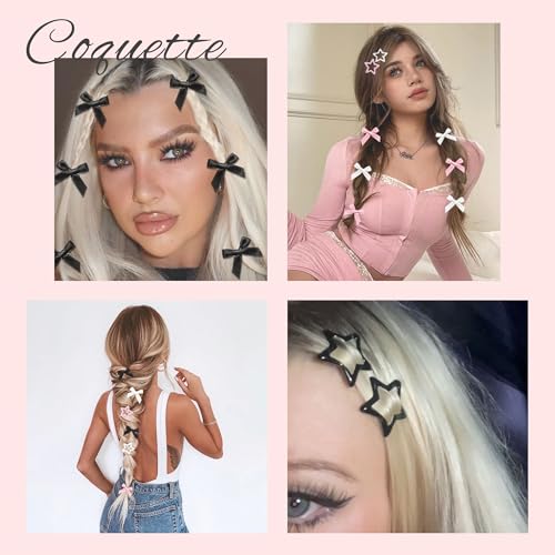24PCS Bow Hair Clips - 3 Colors Satin Mini Hair Bow Clips Y2K Star Barrettes Bowknot Metal Snap Hair Accessories for Women Girls, Black