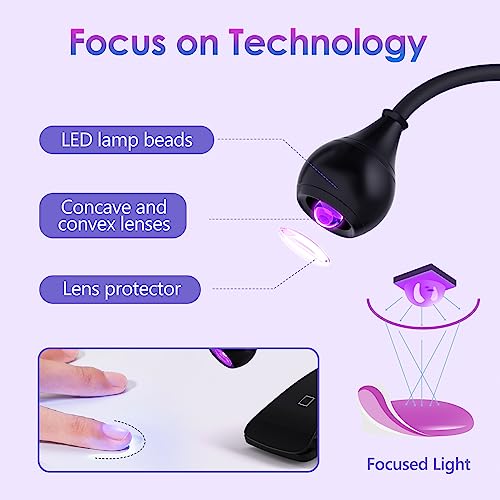 AORAEM UV Nail Lamp 3W Rechargeable Gooseneck UV Light for Gel Nails Touch Flash Cure Lamp Nail Dryer with Clamp, Portable LED Gel Light 3 Level Timing Home Professional DIY Manicure Salon, Black