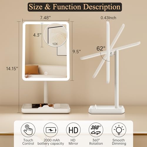 FUNTOUCH Vanity Mirror with Lights, Rechargeable Makeup Mirror with Lights,Smart Touch with 3-Color Lighting, Dimmable, Detachable 40X Magnification for Vanity Desk Tabletop,White