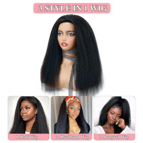 Nvnvdij Kinky Straight Half Wig Human Hair 200% Density Wear Go Glueless Wigs Human Hair 18 Inch Kinky Straight 3 In 1 Half Wigs for Women Drawstring Seamless Flip Headband Wig Beginner Friendly