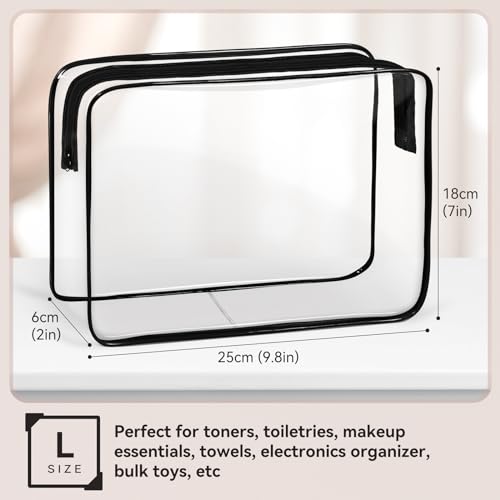 TISRATOK 16 PCS Clear Makeup Bag, Travel Essentials Toiletry Bag, Transparent PVC Cosmetic Organizer Toy Storage Pouch for Women Men - Black,Medium
