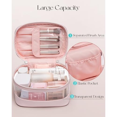 Vlando Travel Makeup Bag, Large Travel Toiletry Bag for Women Girl, Waterproof Cute Cosmetic Bag with Handle, Clear Make up Bag for Cosmetic, Brushes, Skincare-Apricot Pink