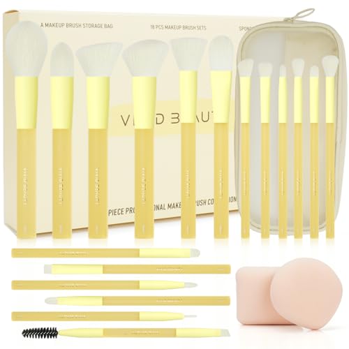 Yellow Make Up Brush Set ? 18PCS Makeup Brushes for Powder, Foundation, Eyeshadow ? With Rubber Coated Handles, Painted Aluminum Ferrules, Travel Bag & 2 Makeup Sponges? For Women & Beginners