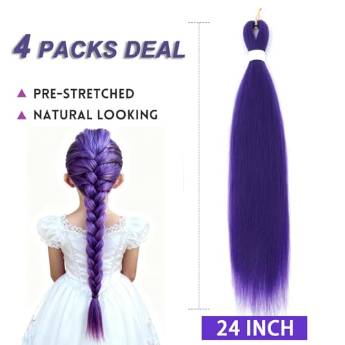 4Packs Long Purple Hair Extensions Pre Stretched Synthetic Braiding hair Extensions for Braids purple Braiding Hair for Stage Party Halloween Cosplay Costume Wigs (Purple, 24 Inch (Packs of 4))