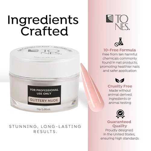 TONES Premium Self Leveling Nail Builder and Extension Gel for Professional Design - Salon-Quality LED and UV Building Gel - (0.5 Fl Oz, Glittery Nude)