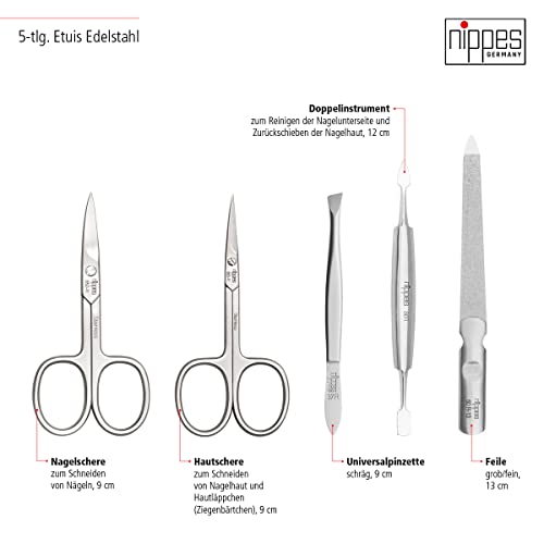 Nippes Solingen Manicure Set, 5-Piece, Stainless Steel and Nickel Free, Genuine Brown Cowhide Leather Case Made In Soligen Germany