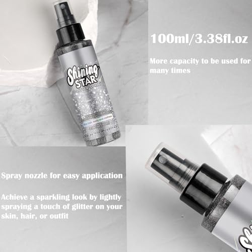 MEICOLY Silver Hair Body Glitter Spray,100ML(3.53OZ),Liquid Glitter Hairspray,Sparkle Glitter Spray for Hair/Body/Clothes,Body Shimmer for Skin,Lightweight,Long Lasting