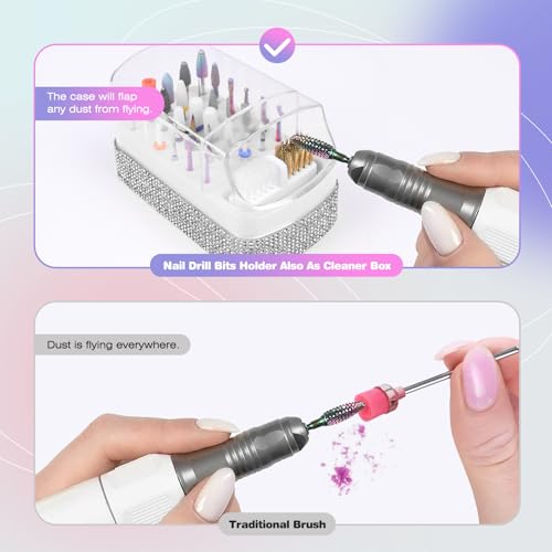 2 in 1 Nail Drill Bits Holder: 30 Holes Nail Bits Organizer Case with Cleaner Brush, Dustproof Efile Nail Tech Bits Storage Container Box Manicure Tools Accessories Display for Salon Home(Only Box)