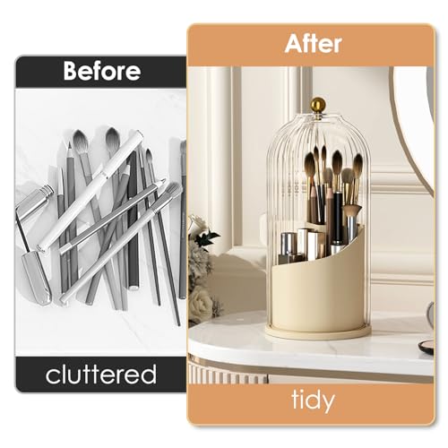 Makeup Brush Holder with Lid 360 Rotating Clear Dustproof Make Up Organizers for Vanity Bathroom Countertop, White Beige