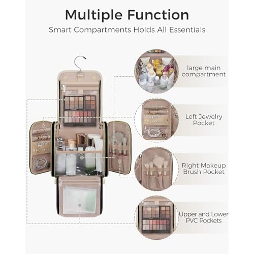 Hanging Toiletry Bag, PU Leather Makeup Bag Large Capacity with Jewelry Organizer for Brushes Set, Cosmetic Accessories, Beige