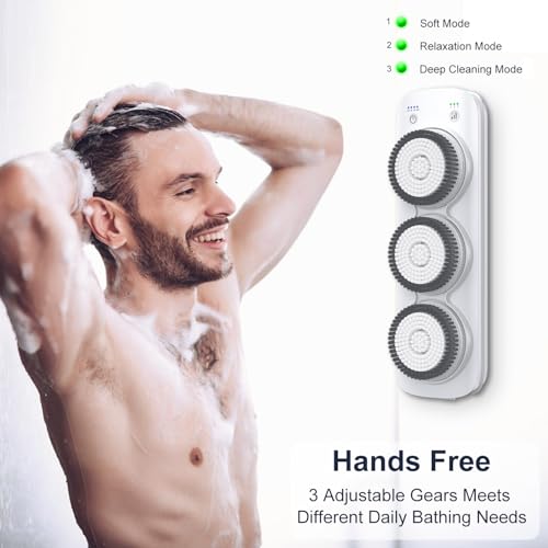 Wall-Mounted Electric Back Scrubber for Shower, 360¡Æ Electric Spin Shower Cleaner Brush with Replaceable Super Soft Brush Heads, 3 Levels Adjustable Height Adjustable for Daily Bath and Deep Cleaning