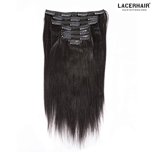 Lacer Light Yaki Straight Clip in Hair Extensions, Natural Black Color Remy Human Hair Clip in Extensions for Black Women Relaxed Hair 120G 7Pieces 12 inch