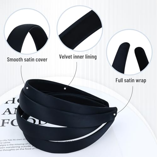 Lawie 20 Pack Black Satin Cloth Fabric Covered Wide Plastic Headbands DIY Crafting Plain Base Head Bands Hard Hairbands (Black B, Width: 2 cm / 0.8")
